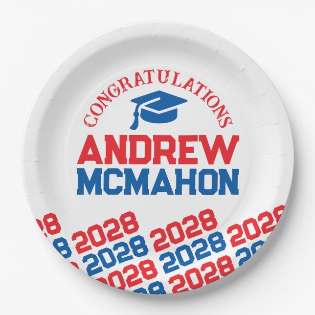 Red, White & Blue Personalized Graduation Paper Plate (Front)