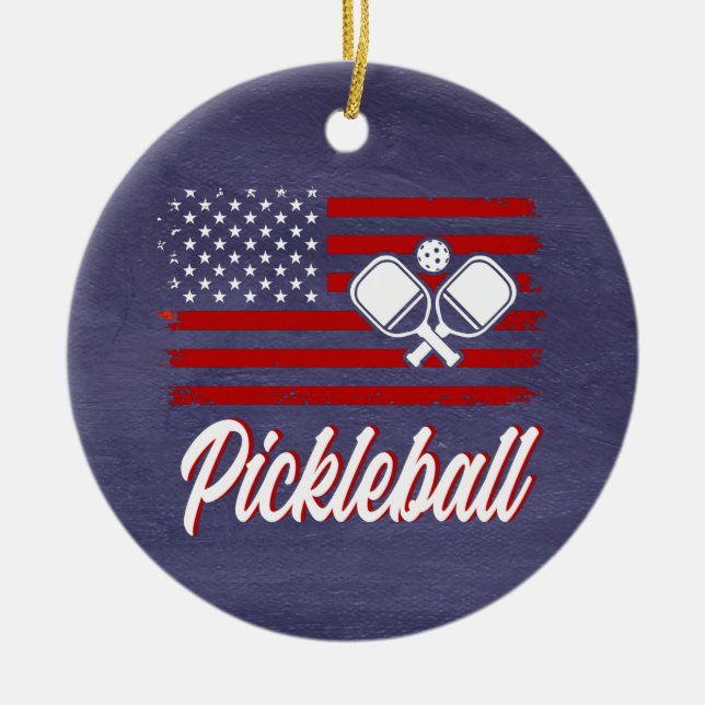 Red White Blue Pickleball Christmas Ceramic Ornament (Front)