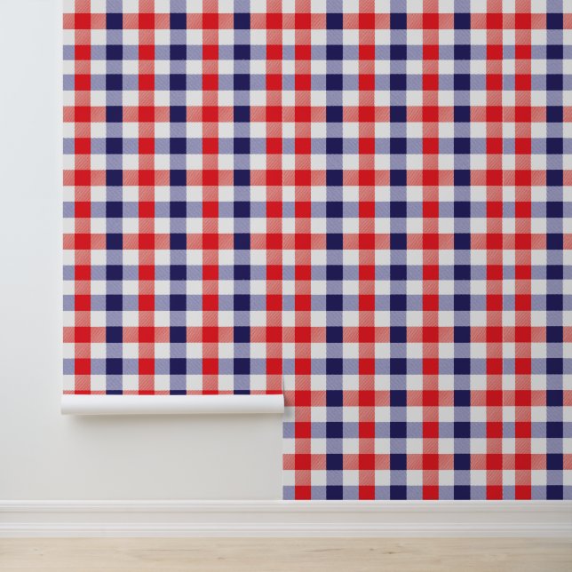 Red White Blue Plaid Gingham Chequered Pattern DIY Wallpaper (Application)