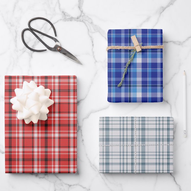 Red White Blue Plaid Wrapping Paper Set of 3 (Front)