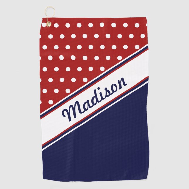 Red White Blue Polka Dot Monogram Womens Golf Towel (Front)