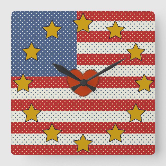 Red, White, Blue - Polka Dots Stars and Stripes Square Wall Clock (Front)
