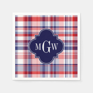 Red White Blue Preppy Madras Monogram Napkin