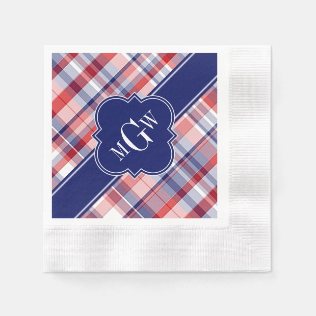 Red White Blue Preppy Madras Monogram Napkin (Front)
