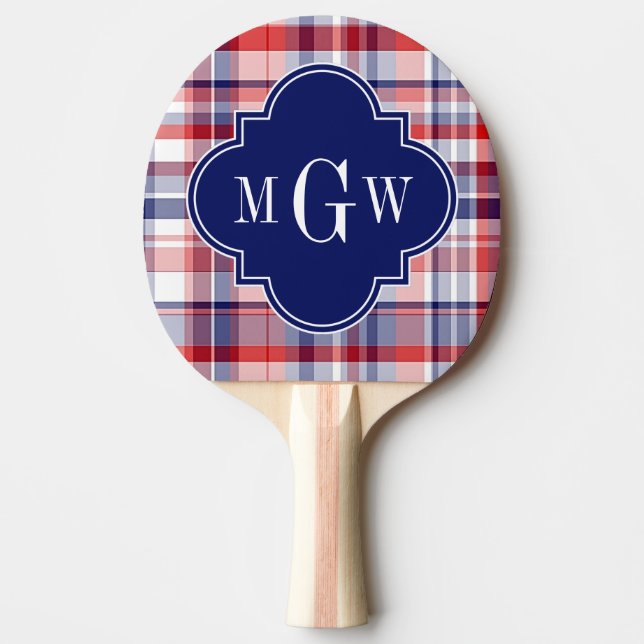 Red White Blue Preppy Madras Monogram Ping Pong Paddle (Front)