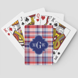 Red White Blue Preppy Madras Monogram Playing Cards