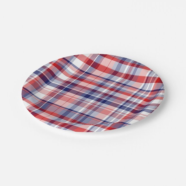 Red, White, Blue Preppy Madras Plaid Paper Plate (Angled)