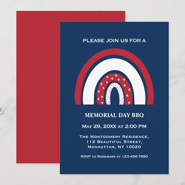 Red White Blue Rainbow Cool Memorial Day BBQ Party Invitation (Front/Back)