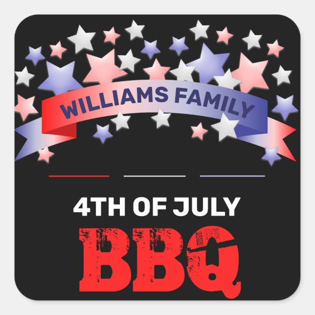Red White & Blue Ribbon & Stars 4th of July BBQ Square Sticker (Front)