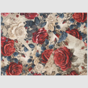 Red White & Blue Roses Vintage Inspired Decoupage Tissue Paper