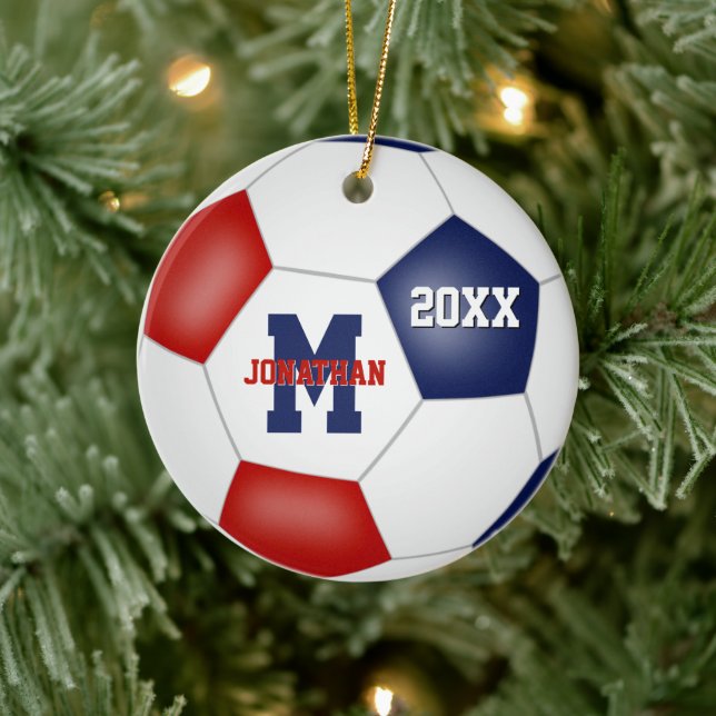 red white blue school spirit boys girls soccer ceramic ornament (Tree)