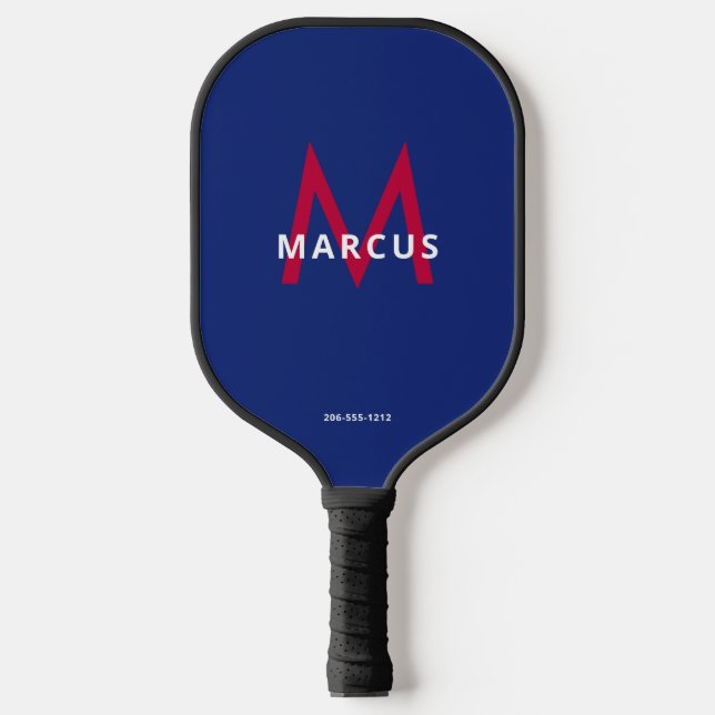 Red White Blue Simple Modern Monogram Pickleball Paddle (Front)