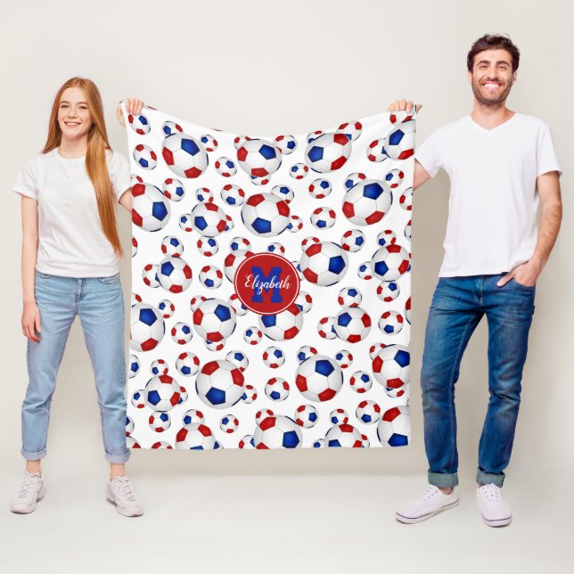 red white blue soccer balls pattern personalized fleece blanket (In Situ)
