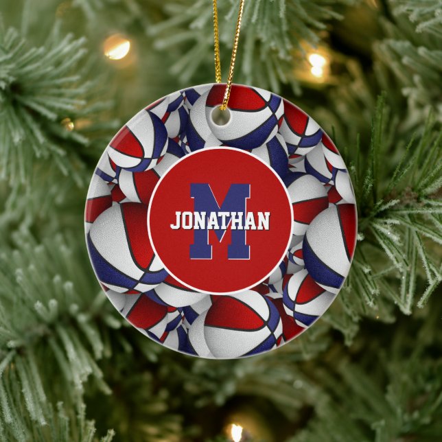 red white blue sports personalized basketball ceramic ornament (Tree)