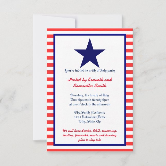 Red White & Blue Star - 3x5 Party Invitation (Front)
