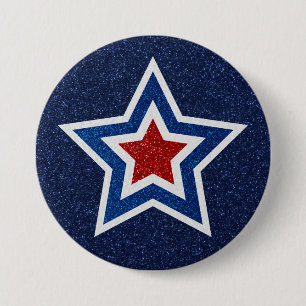 Red, White, Blue Star July 4 Glitter 3 Inch Round Button