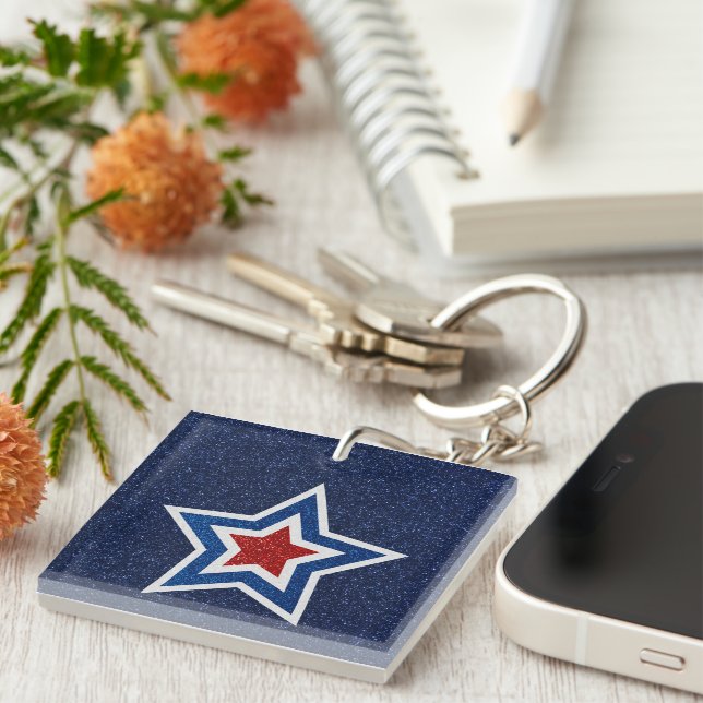 Red, White, Blue Star July 4 Glitter Keychain (Front Right)