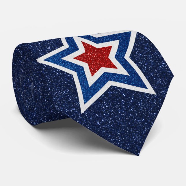 Red, White, Blue Star July 4 Glitter Tie (Rolled)