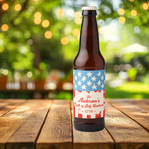 Red White &Blue Star & Stripe Family Name Barbecue Beer Bottle Label