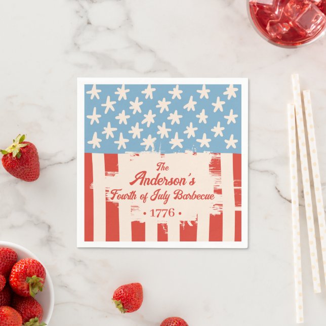 Red White &Blue Star & Stripe Family Name Barbecue Napkin (Insitu)