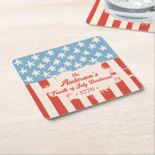 Red White &Blue Star & Stripe Family Name Barbecue Square Paper Coaster