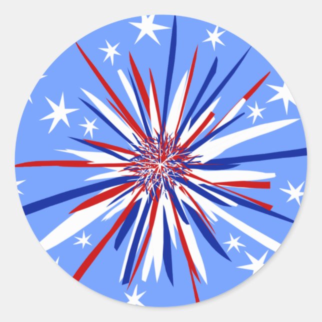 Red White & Blue Starburst Classic Round Sticker (Front)