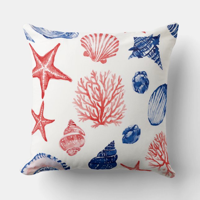 RED WHITE BLUE STARFISH SEASHELLS & PLANTS THROW PILLOW (Front)