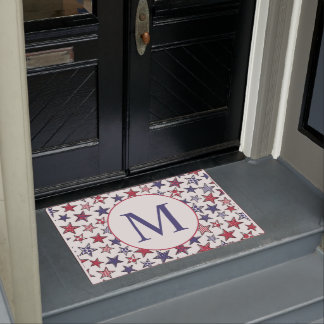 Red White Blue Stars America Patriotic Monogram  Doormat