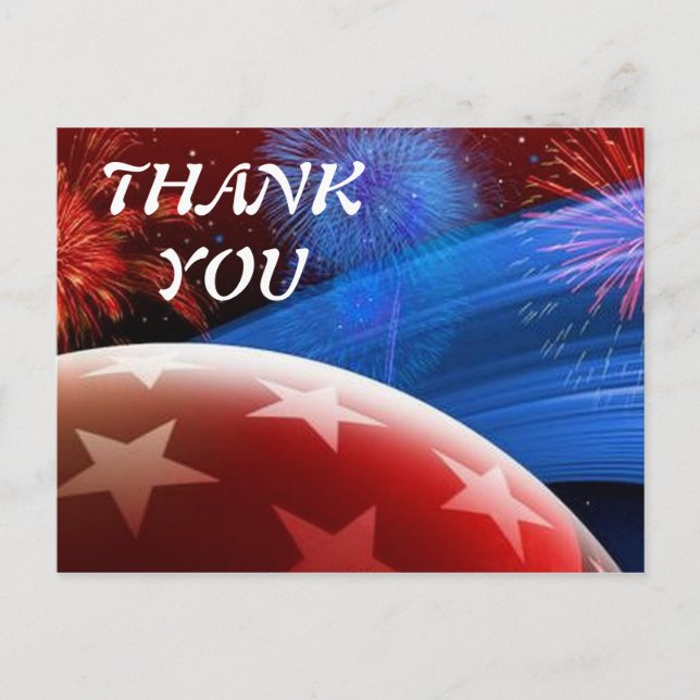 Red White Blue Stars and Fireworks Thanks Postcard (Front)