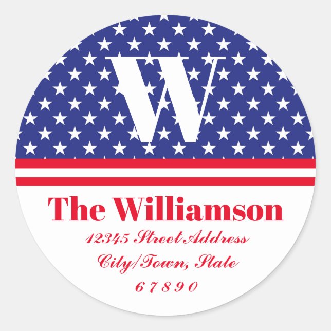 Red White Blue Stars And Stripes Family Address Classic Round Sticker (Front)