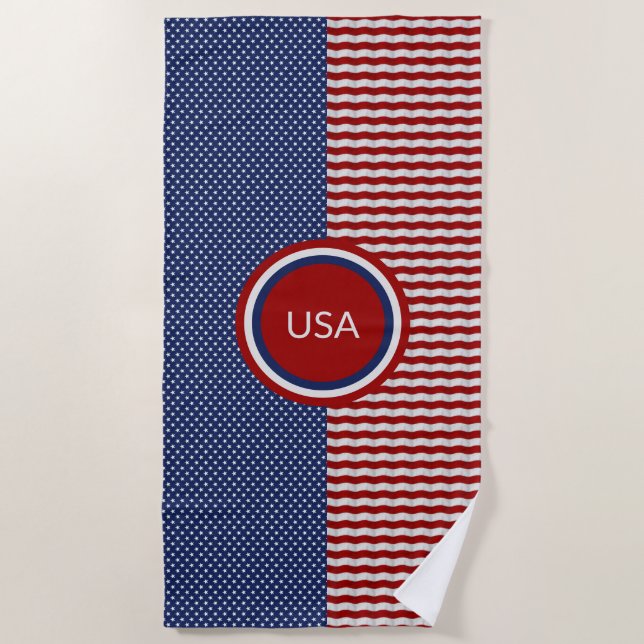 Red White Blue Stars and Stripes Pattern Patriotic Beach Towel (Front)