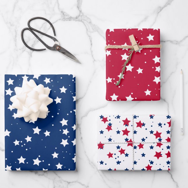Red White Blue Stars Pattern USA Independence Day Wrapping Paper Sheet (Front)
