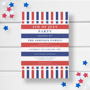 Red White Blue Stars & Stripes 4th Of July Party Invitation