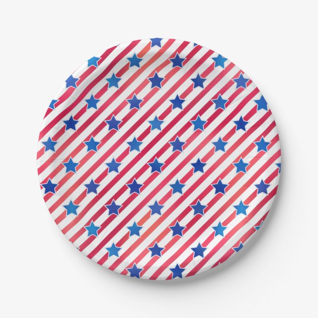 Red White Blue Stars Stripes USA American Flag Paper Plate (Front)