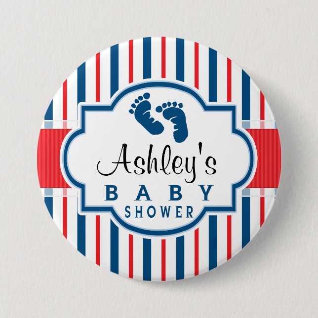Red, White, & Blue Stripes Baby Shower 3 Inch Round Button (Front)