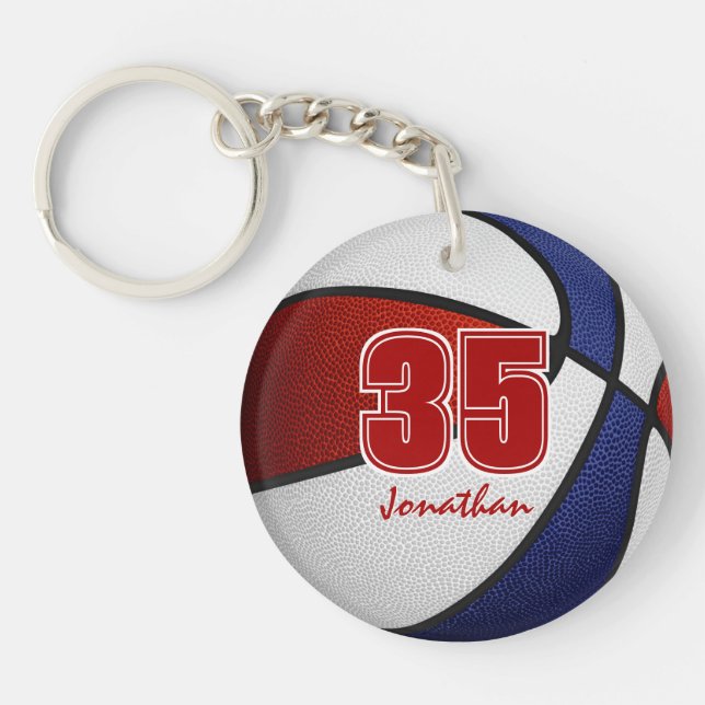 red white blue team colours girls boys basketball keychain (Front)