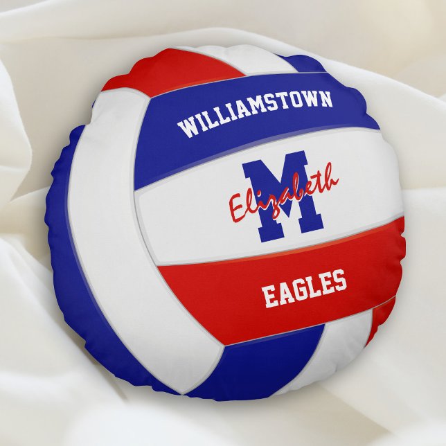 red white blue team colours girls volleyball round pillow (Creator Uploaded)