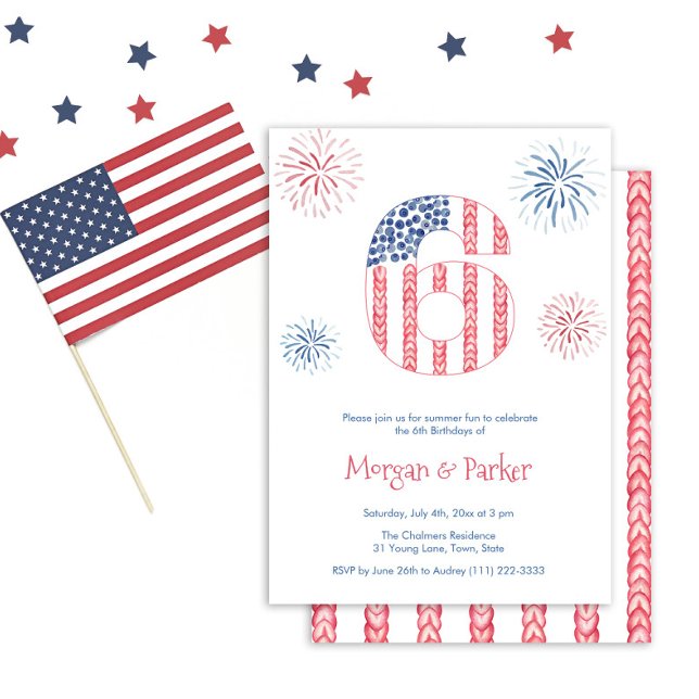 Red White Blue Twins 6th Birthday Party Invitation (Red White And Blue 6th birthday party invitation perfect for a Holiday Weekend birthday celebration)