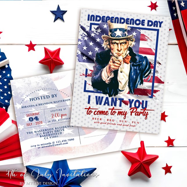 Red, White, Blue Uncle Sam 4th Of July Invitation Postcard (Creator Uploaded)
