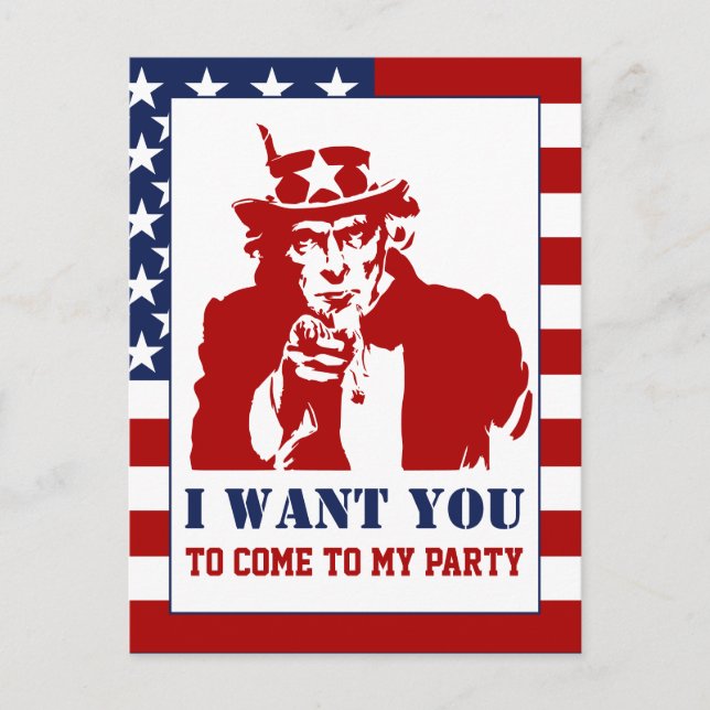 Red White Blue Uncle Sam 4th of July Party Invitation Postcard (Front)