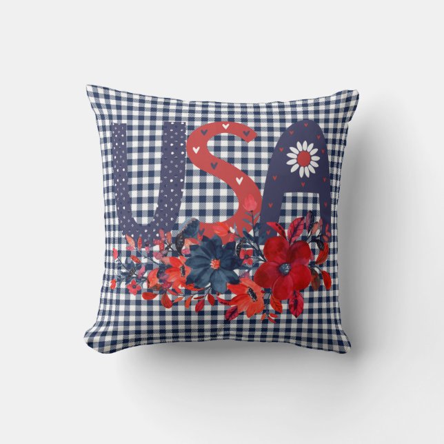 Red White & Blue USA Patriotic Bouquet Throw Pillow (Front)