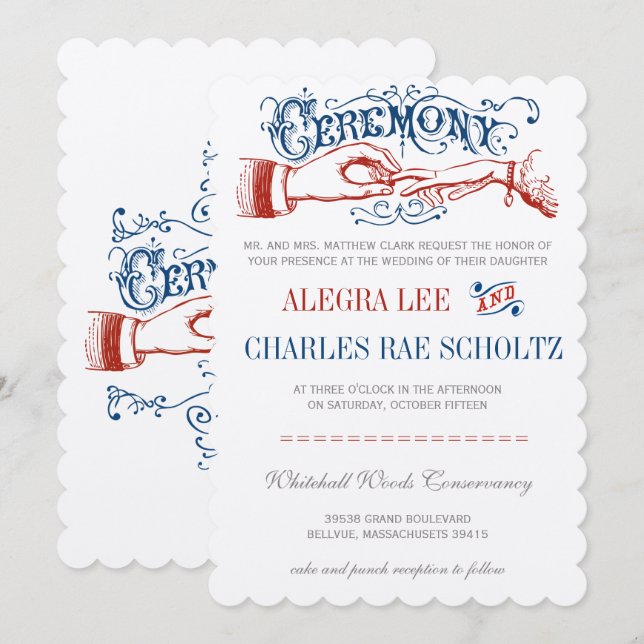 Red White Blue Victorian Typography Invitation (Front/Back)