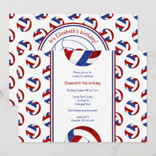 red white blue volleyball girl's birthday party invitation
