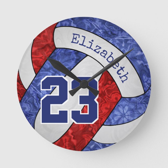 red white blue volleyball team colours girls sport round clock (Front)