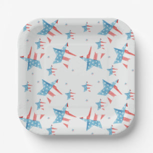 Red White & Blue watercolor Stars PATTERN Square Paper Plate