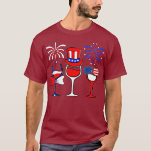 Red White Blue Wine Glasses America 4th Of July T-Shirt