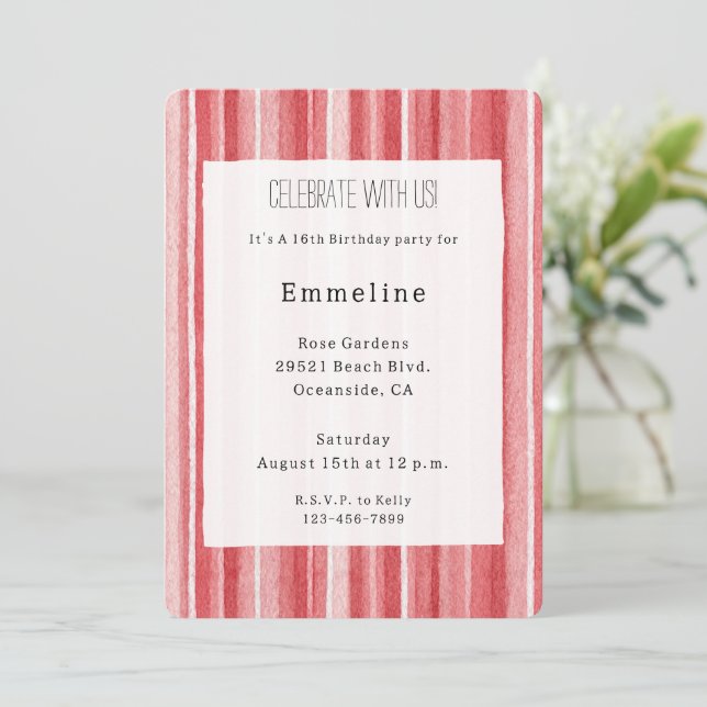 Red White Blush Pink Stripes Birthday Invitation (Standing Front)
