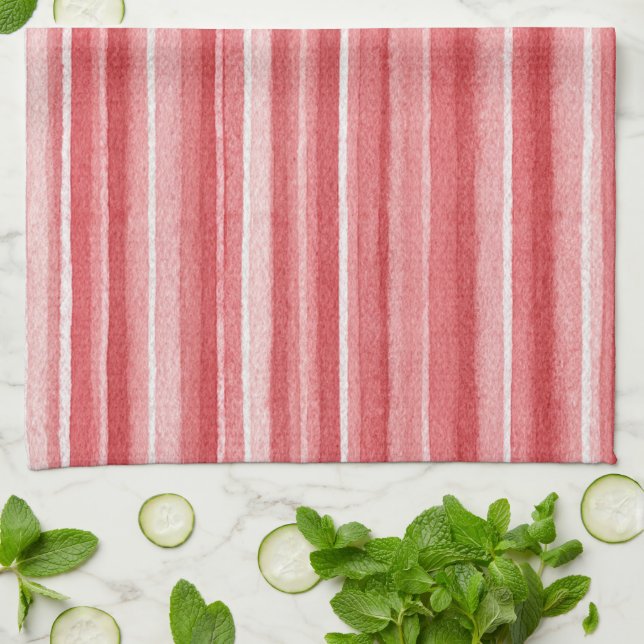 Red White Blush Pink Stripes Kitchen Towel (Folded)