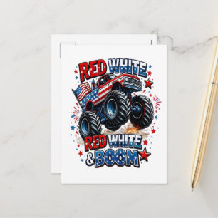 Red White Boom Monster Truck Holiday Postcard