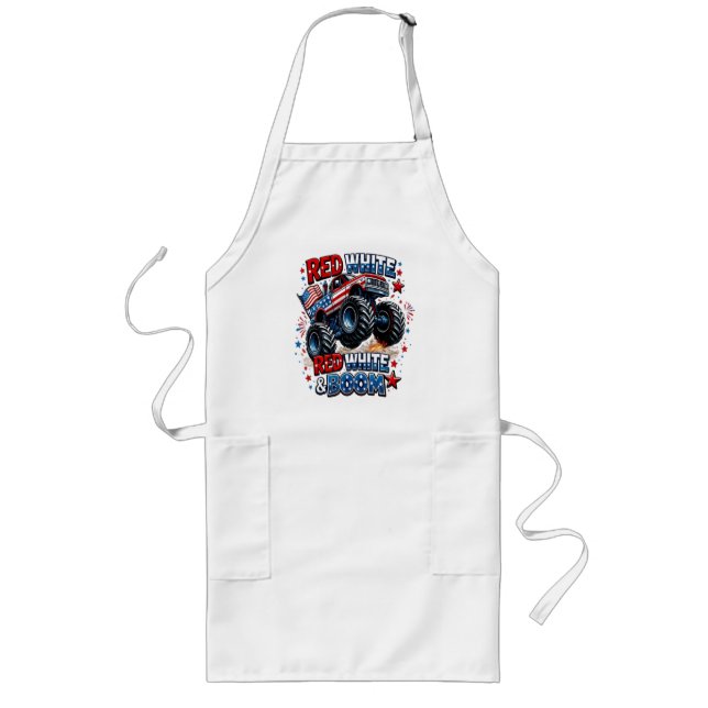 Red White Boom Monster Truck Long Apron (Front)
